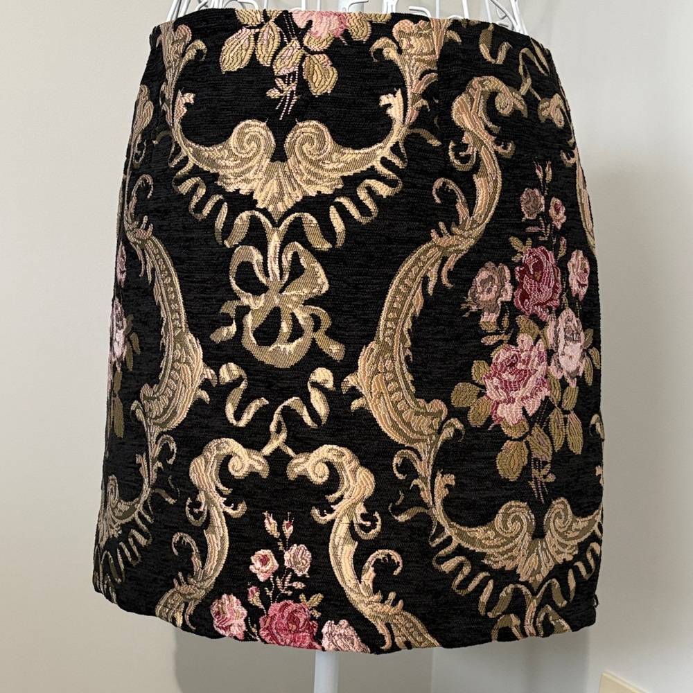 miami Black Mini Skirt with Gold Scrolls and Pink Roses